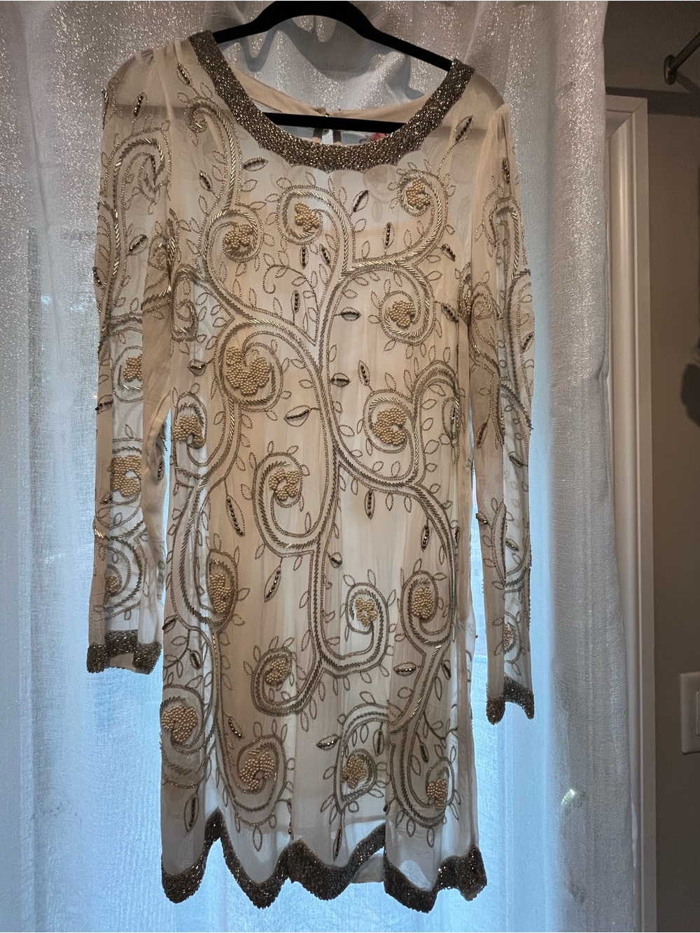 Free People Ivory Sheer Beaded Long-Sleeve Dress